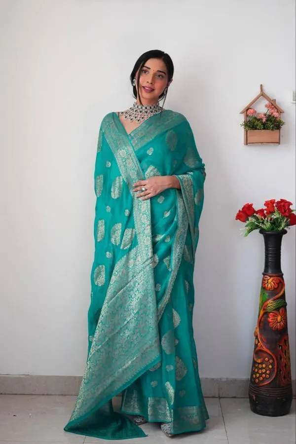 Sky_Blue_Saree_With_Soft_Linen_Cotton_Fabric_All_Golden_Weaving_Work_With_For_Women