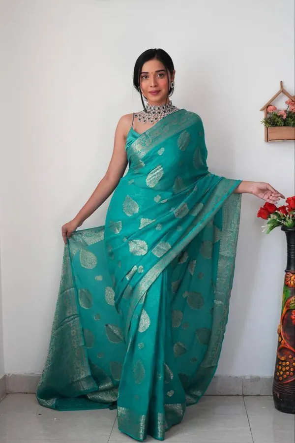 Sky_Blue_Saree_With_Soft_Linen_Cotton_Fabric_All_Golden_Weaving_Work_With_For_Women