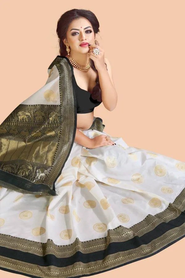 White_&_Black_Soft_Lichi_Silk_Fabric_With_Jacquard_Work_Saree_For_Women