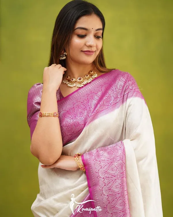 White_Saree_With_Soft_Lichi_Silk_Fabric_With_Jacquard_Work_For_Women