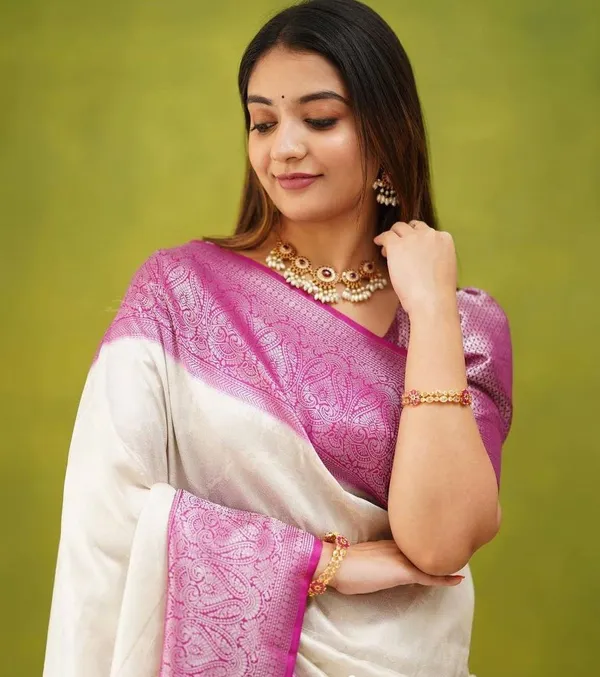 White_Saree_With_Soft_Lichi_Silk_Fabric_With_Jacquard_Work_For_Women