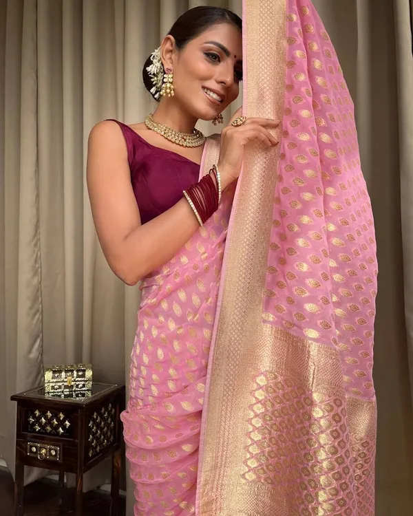 Pink_Saree_With_Soft_Lichi_Silk_Fabric_With_Jacquard_Work_With_For_Women