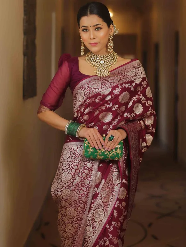 Maroon_Saree_With_Soft_Lichi_Silk_Fabric_With_Jacquard_Work_For_Women
