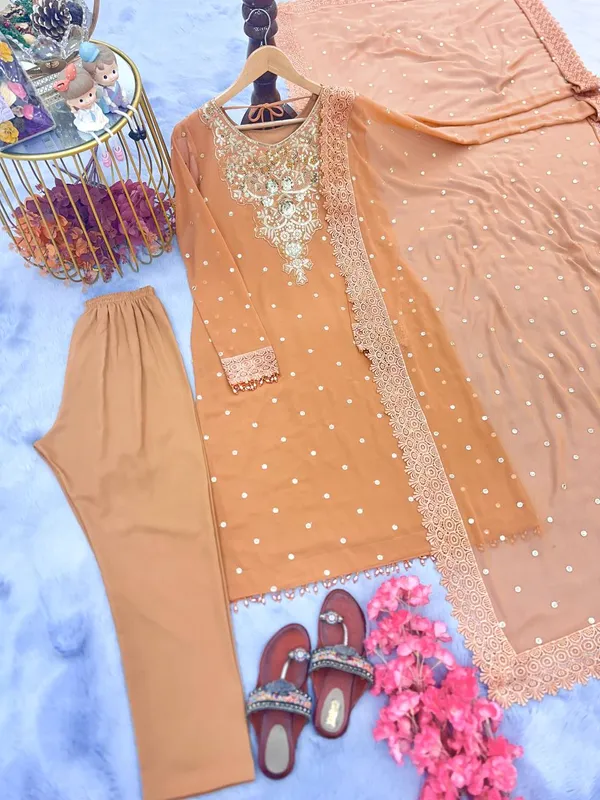 Beige_Full_Sleeve_Pal_Moti_Hand_Work_Top_Bottom_&_Dupatta_Set_With_Embroidery_For_Women