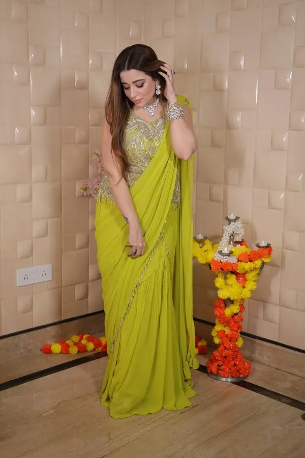 Lime_Yellow_Lehenga_Saree_with_Embellished_Blouse