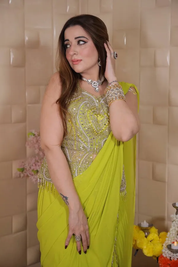 Lime_Yellow_Lehenga_Saree_with_Embellished_Blouse