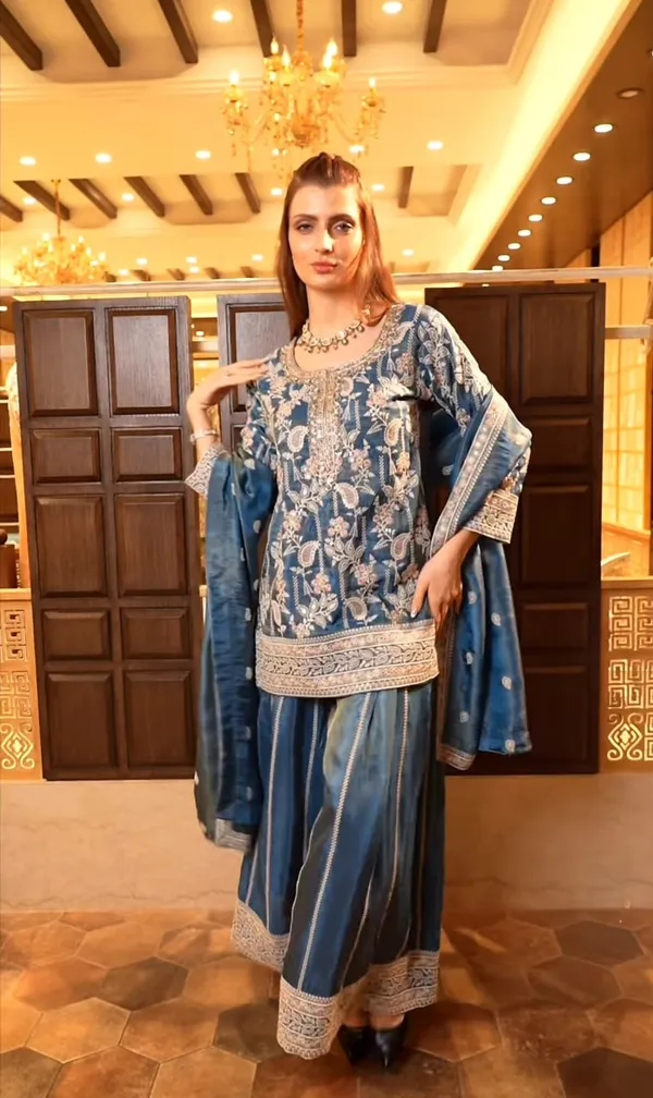 New_Designer_Embroidered_Chinon_Sharara_Suit_With_Coding_Sequence_Embroidered_Work