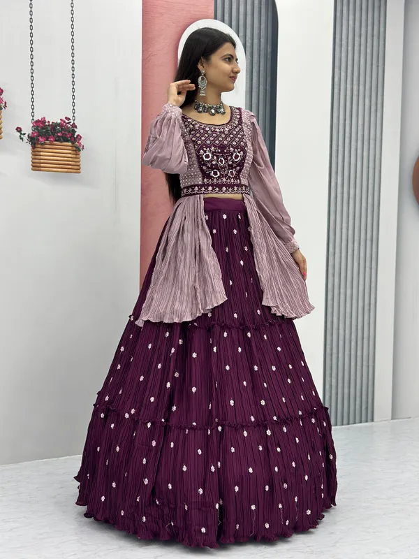 Maroon_Crop_Top_Lehenga_Dupatta_Real_Work_Belt_With_For_Women