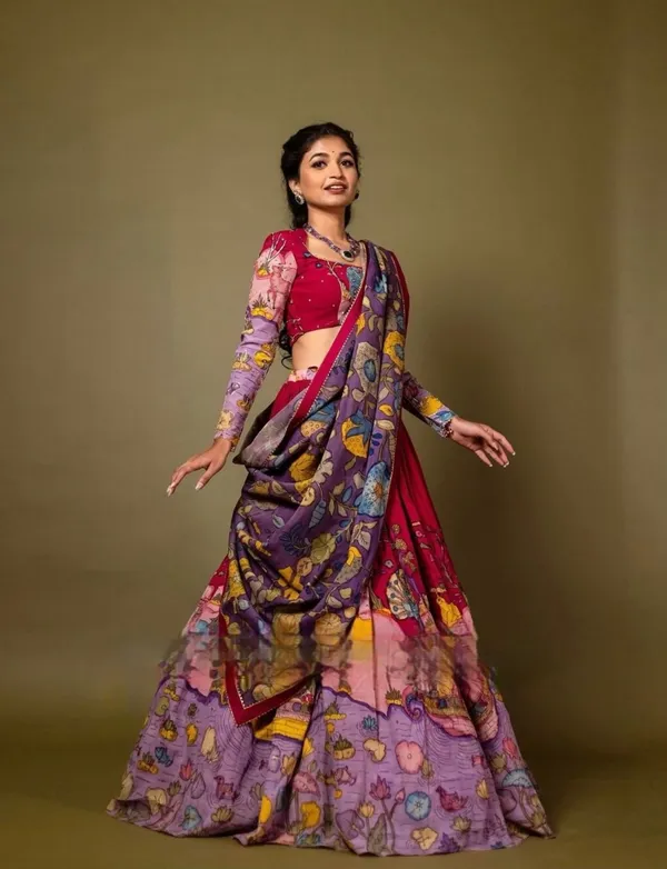 Maroon_Lehenga_Choli_Dupatta_With_Kalamkari_Print_For_Women