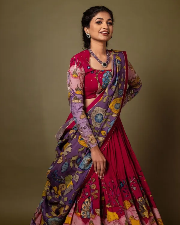 Maroon_Lehenga_Choli_Dupatta_With_Kalamkari_Print_For_Women