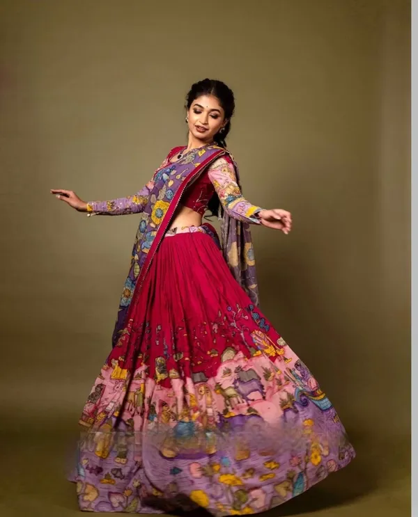 Maroon_Lehenga_Choli_Dupatta_With_Kalamkari_Print_For_Women