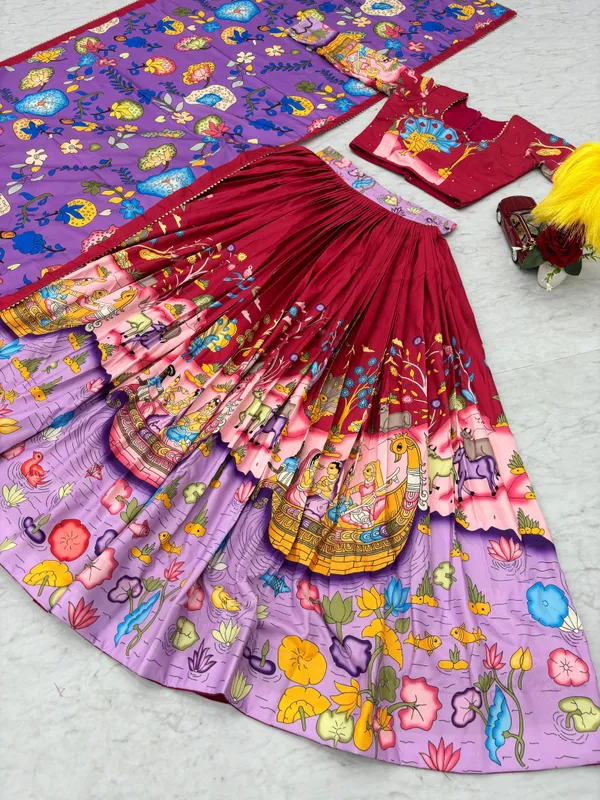 Maroon_Lehenga_Choli_Dupatta_With_Kalamkari_Print_For_Women