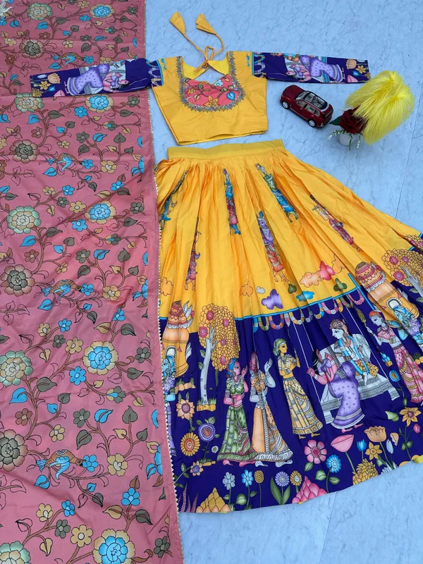 Yellow_Lehenga_Choli_Dupatta_With_Chent_Crepe_Fabric_Kalamkari_Printed_For_Women