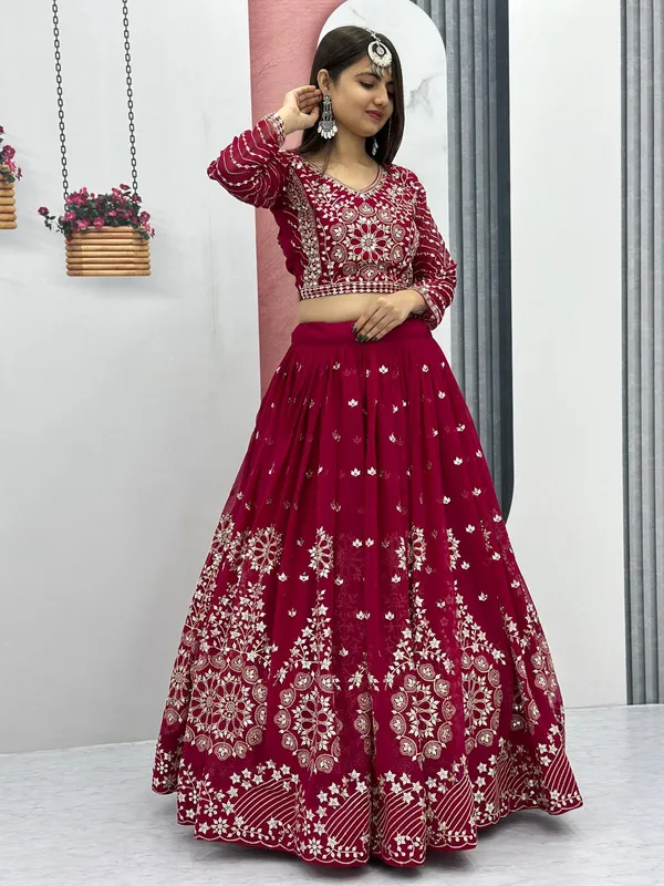 Maroon_Embroidered_Fox_Georgette_Fabric_Lehenga_Choli_With_For_Women