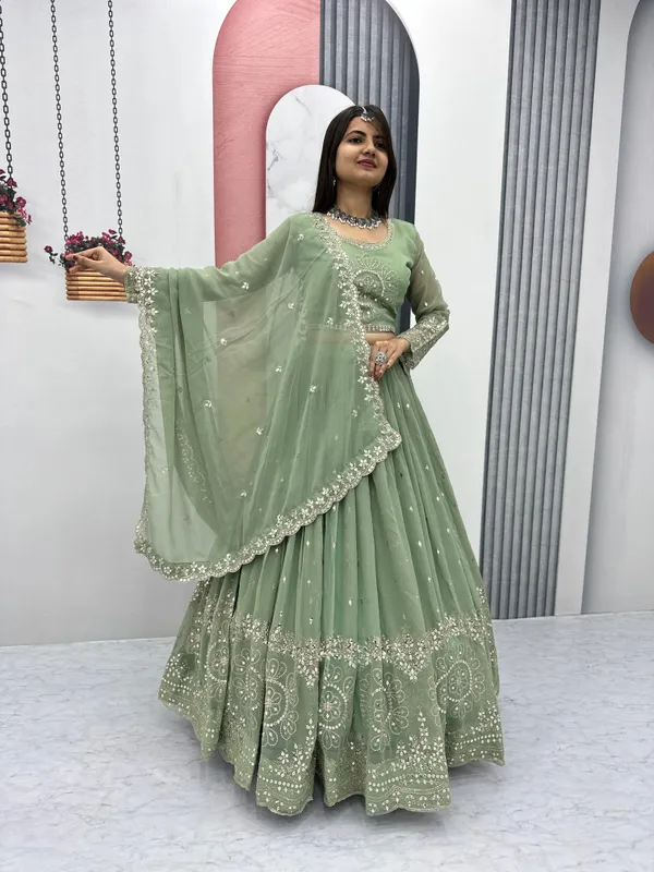 Green_Lehenga_Choli_Dupatta_With_Embroidered_Work_Faux_Georgette_Fabric_Floral_For_Women