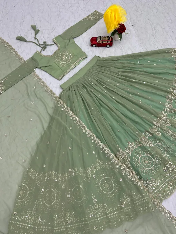 Green_Lehenga_Choli_Dupatta_With_Embroidered_Work_Faux_Georgette_Fabric_Floral_For_Women