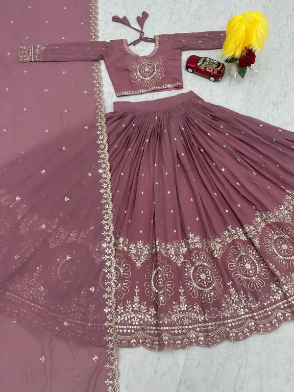 Pink_Lehenga_Choli_Dupatta_With_Embroidered_Work_Faux_Georgette_Fabric_Floral_For_Women