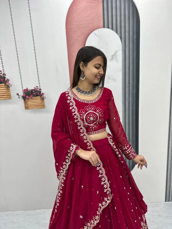 Dark_Pink_Lehenga_Choli_Dupatta_With_Fox_Georgette_Fabric_Embroidery_Work_For_Women