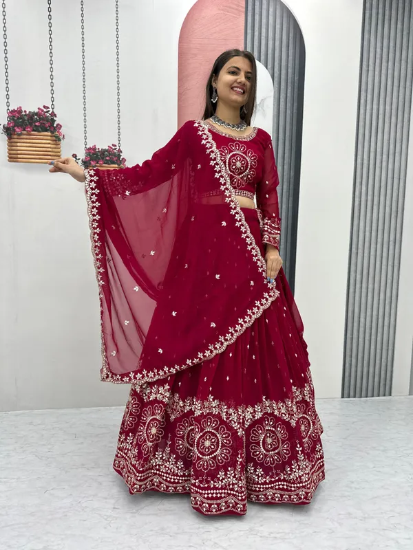 Dark_Pink_Lehenga_Choli_Dupatta_With_Fox_Georgette_Fabric_Embroidery_Work_For_Women