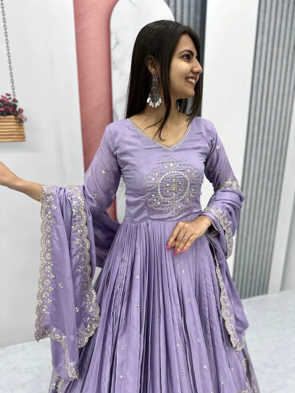 Multicolor_Gown_Dupatta_With_Pure_Chinon_Fabric_Embroidery_Work_Lavender_For_Women