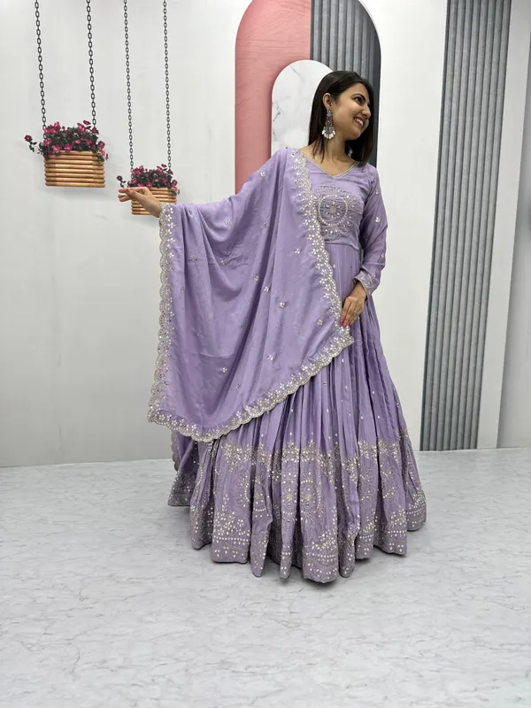 Multicolor_Gown_Dupatta_With_Pure_Chinon_Fabric_Embroidery_Work_Lavender_For_Women