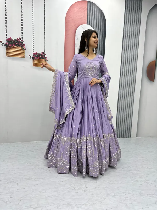 Multicolor_Gown_Dupatta_With_Pure_Chinon_Fabric_Embroidery_Work_Lavender_For_Women