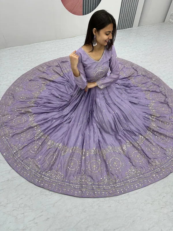 Multicolor_Gown_Dupatta_With_Pure_Chinon_Fabric_Embroidery_Work_Lavender_For_Women