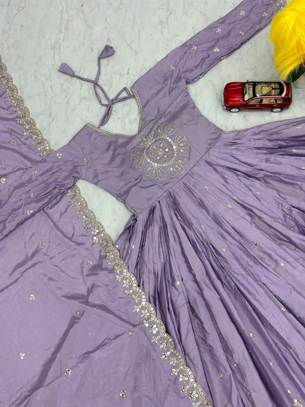 Multicolor_Gown_Dupatta_With_Pure_Chinon_Fabric_Embroidery_Work_Lavender_For_Women