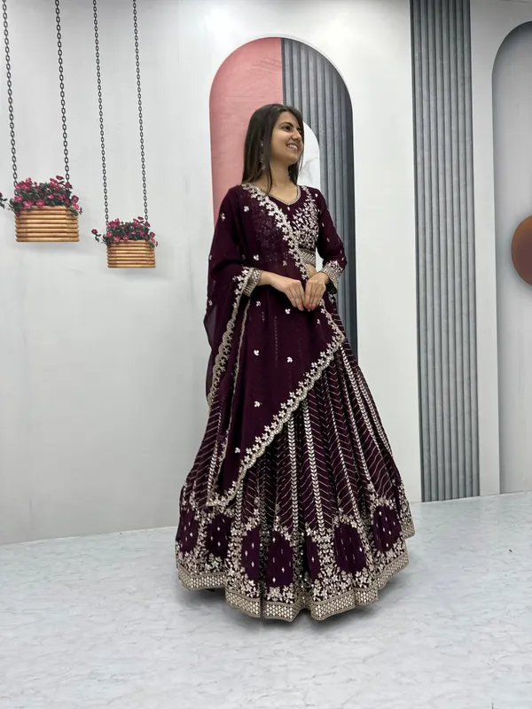 Wine_Lehenga_Choli_Dupatta_With_Faux_Georgette_Fabric_Embroidery_Work_For_Women
