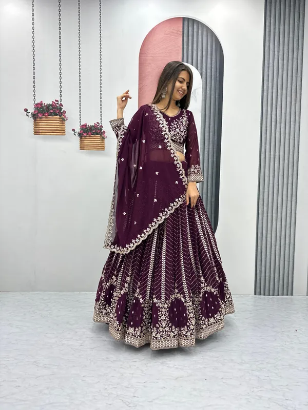 Wine_Lehenga_Choli_Dupatta_With_Faux_Georgette_Fabric_Embroidery_Work_For_Women