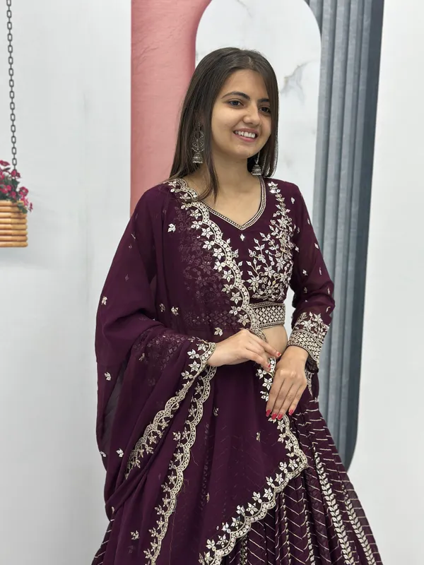 Wine_Lehenga_Choli_Dupatta_With_Faux_Georgette_Fabric_Embroidery_Work_For_Women
