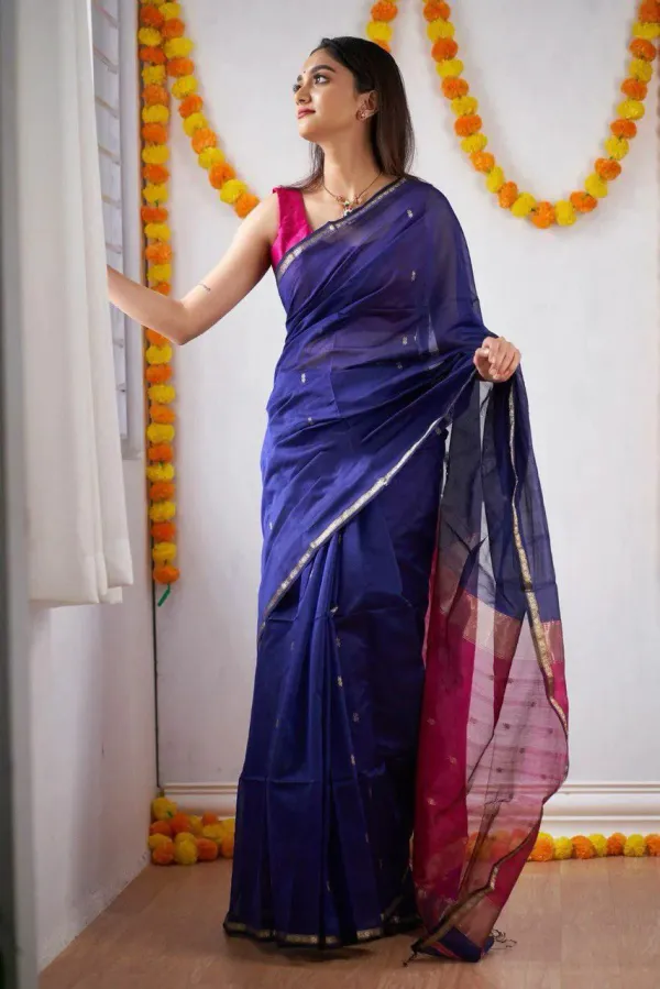 Navy_Blue_Saree_With_Soft_Lichi_Silk_Fabric_With_Jacquard_Work_With_For_Women