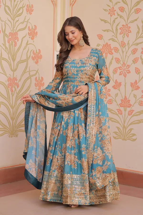Teal_Blue_Floral_Anarkali_Gown_with_Dupatta
