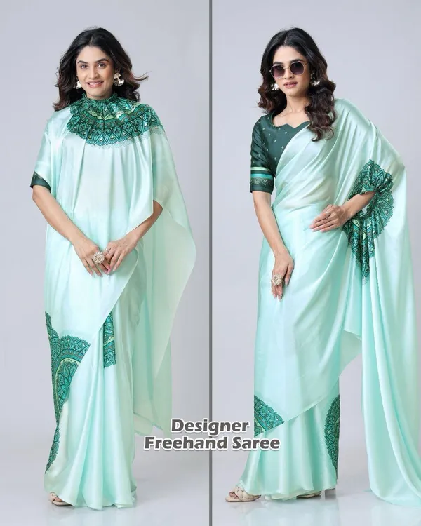 Aqua_Green_Ready_To_Wear_Free-H_Satin_Saree_According_To_Modern_Trends_With_Aqua_Colour_For_Women