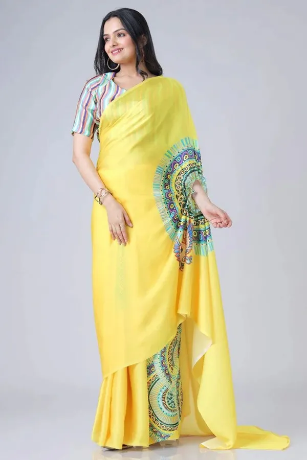 Yellow_Ready_To_Wear_Free-H_Satin_Saree_According_To_Modern_Trends_With_Colour_For_Women