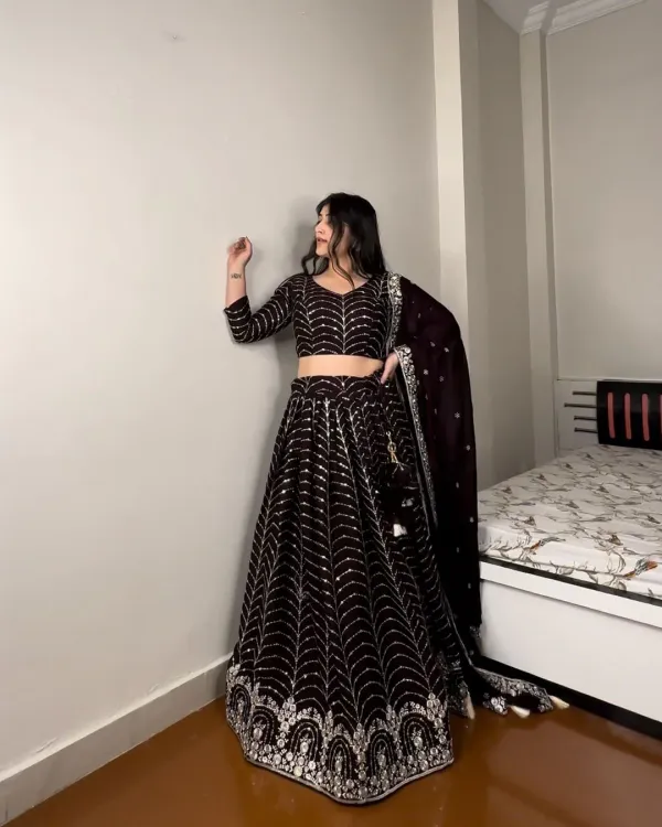 Black_Faux_Georgette_Lehenga_Choli_&_Dupatta_With_Embroidery_For_Women