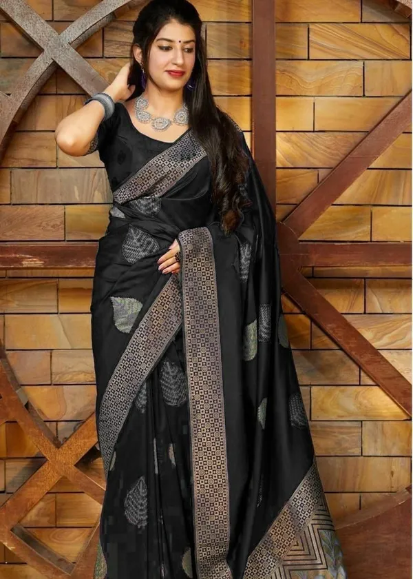 Black_Saree_With_Soft_Lichi_Silk_Fabric_With_Jacquard_Work_For_Women