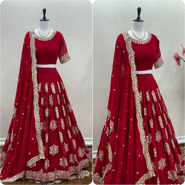Red_Lehenga_Choli_Dupatta_With_Embroidered_Work_Border_Cutwork_Red_For_Women