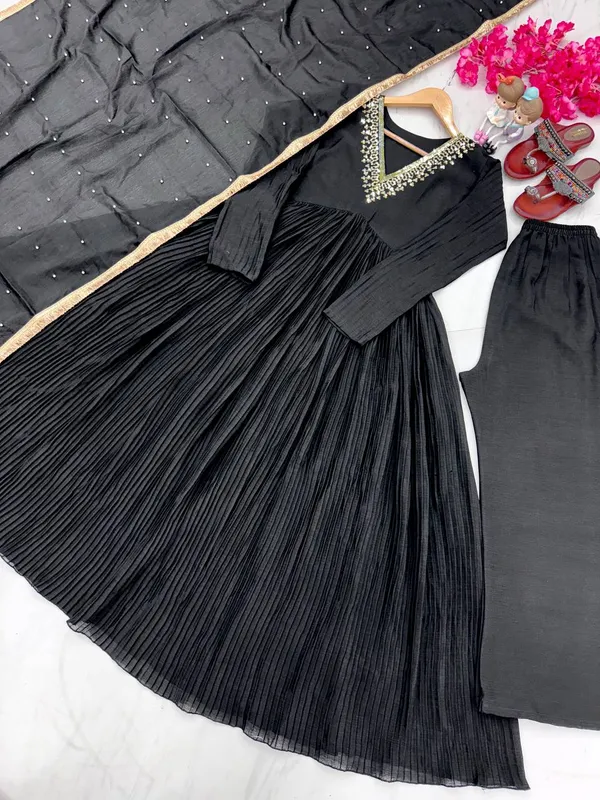 Black_Pure_Chinon_Silk_Alia_Cut_Anarkali_Gown_Dupatta_Bottom_With_Embroidered_Work_For_Women