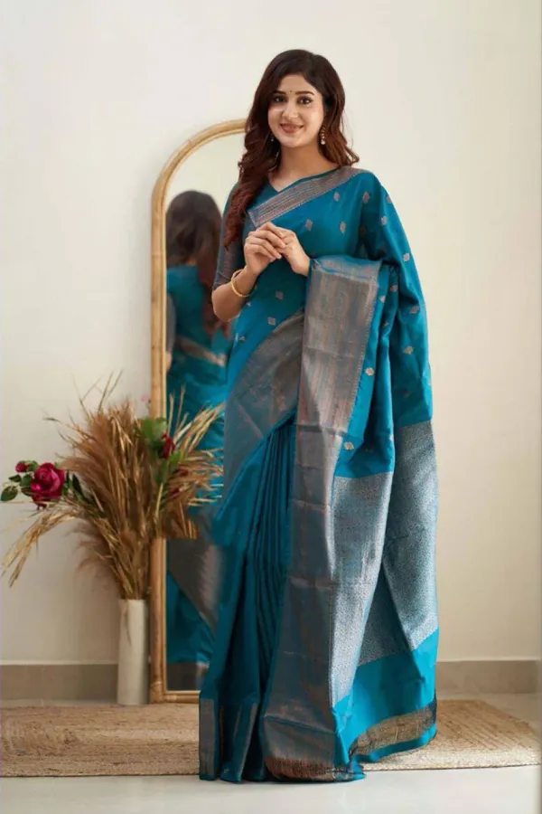Teal_Blue_Saree_With_Soft_Lichi_Silk_Fabric_Jacquard_Work_For_Women