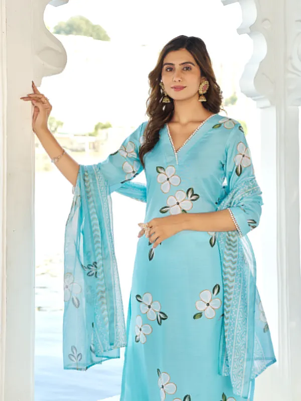 Blue_Cotton_Blend_Straight_Calf_Length_V-Neck_Kurta_Sets_For_Women