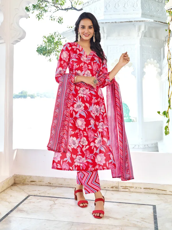 Red_Cotton_Blend_Straight_Calf_Length_V-Neck_Kurta_Sets_For_Women