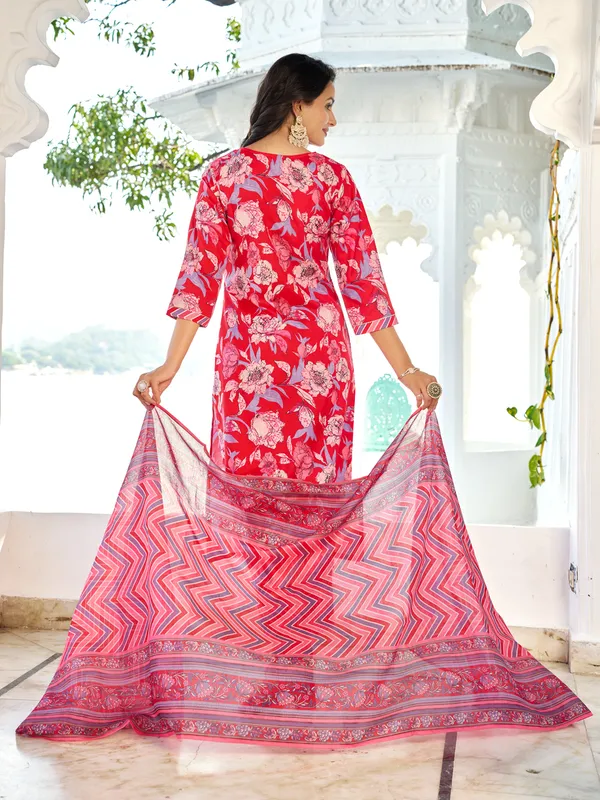 Red_Cotton_Blend_Straight_Calf_Length_V-Neck_Kurta_Sets_For_Women