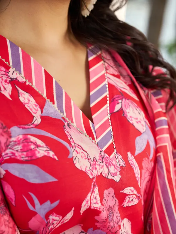 Red_Cotton_Blend_Straight_Calf_Length_V-Neck_Kurta_Sets_For_Women