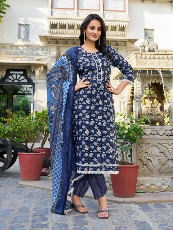 Navy_Blue_Cotton_Blend_Straight_Calf_Length_Round_Neck_Kurta_Sets_For_Women