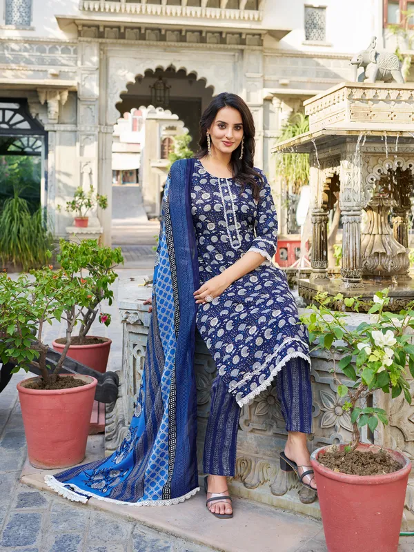 Navy_Blue_Cotton_Blend_Straight_Calf_Length_Round_Neck_Kurta_Sets_For_Women