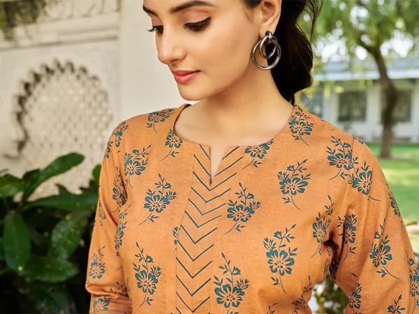 Mustard_Cotton_Blend_Straight_Calf_Length_Keyhole_Neck_Kurta_Sets_For_Women