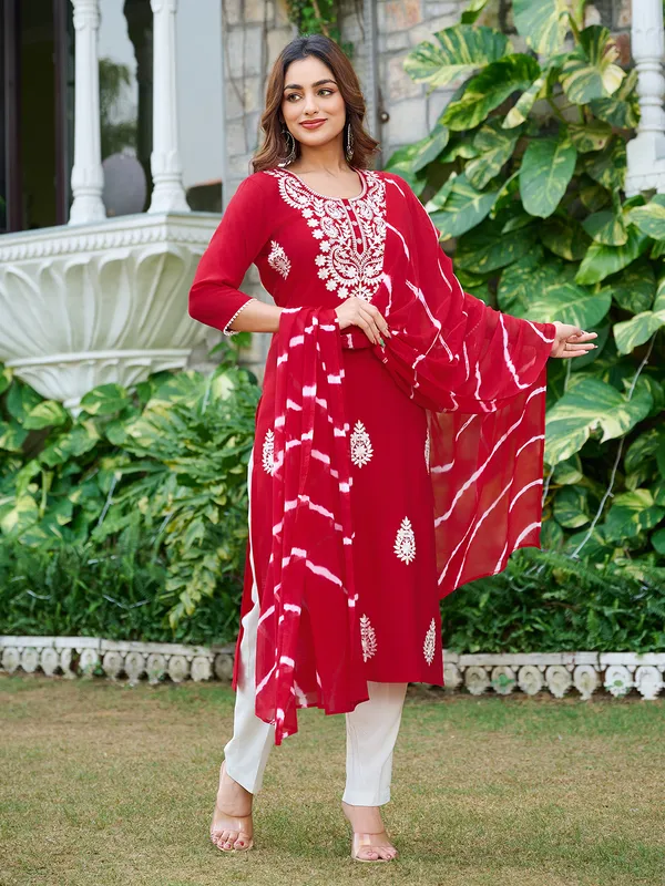 Red_Silk_Blend_Straight_Calf_Length_Round_Neck_Kurta_Sets_For_Women