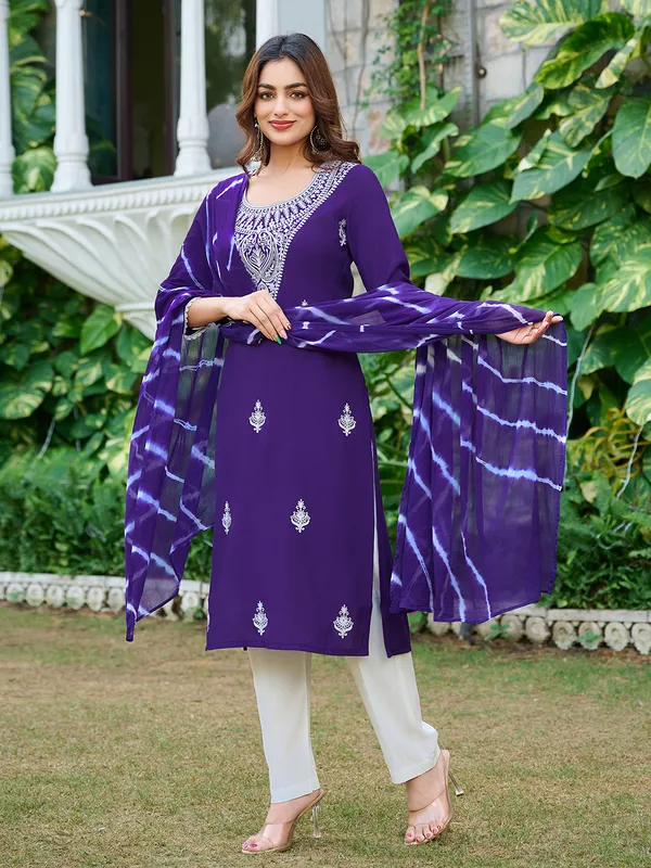 Purple_Silk_Blend_Straight_Calf_Length_Round_Neck_Kurta_Sets_For_Women