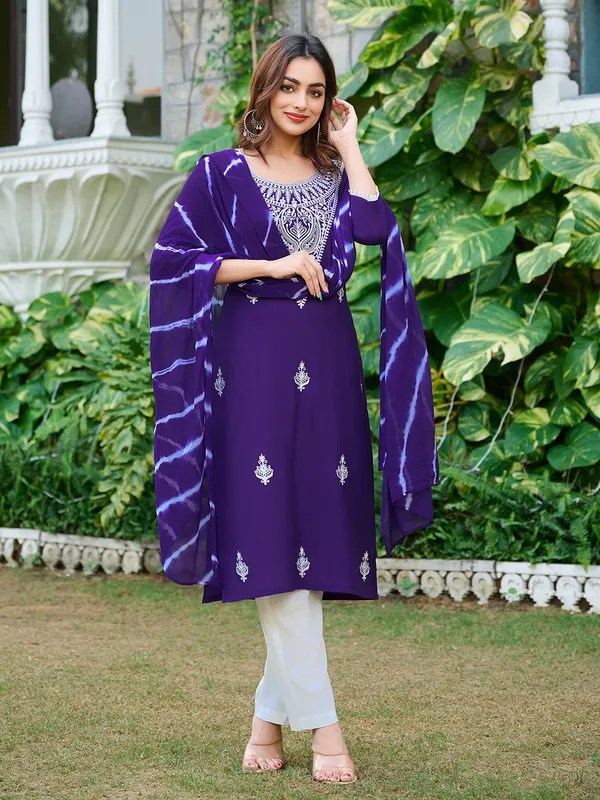 Purple_Silk_Blend_Straight_Calf_Length_Round_Neck_Kurta_Sets_For_Women